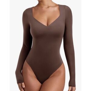 REORIA XL Sweetheart Neckline Double Lined Long Sleeve Thong Body Suit Brown